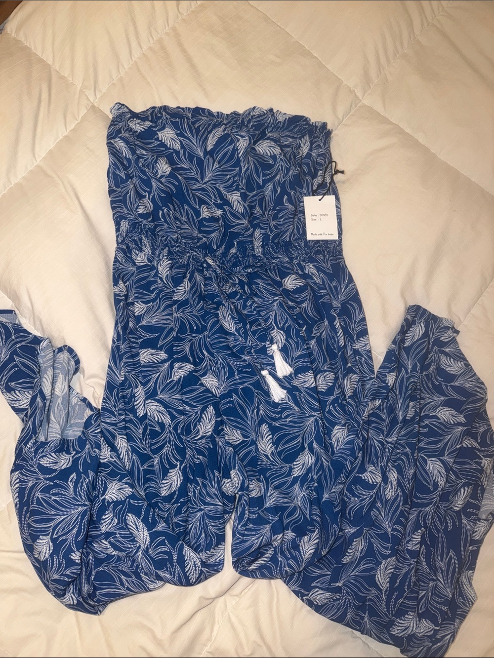 Japna Blue Leaf-Print Strapless Jumpsuit
